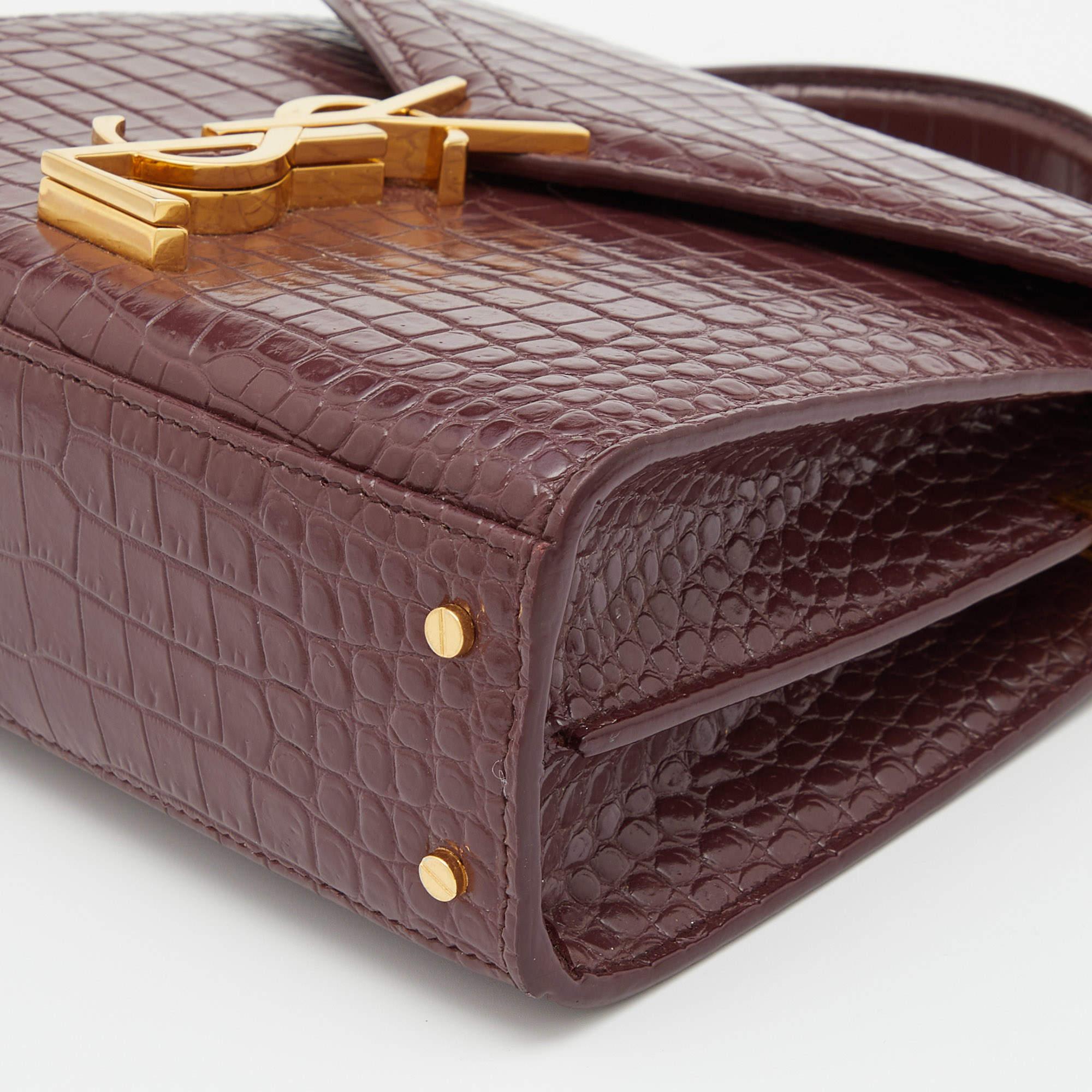 Saint Laurent Burgundy Croc Embossed Leather Mini Cassandra Top Handle Bag 3