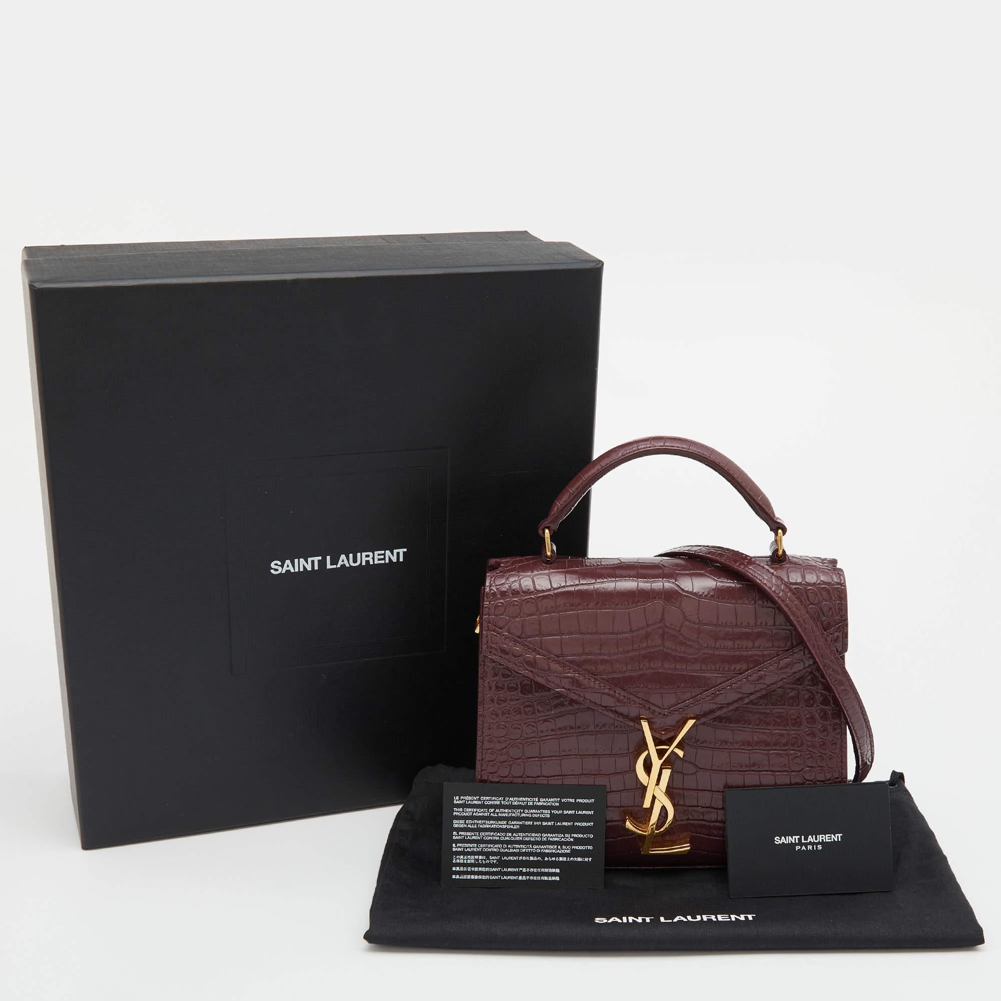 Saint Laurent Burgundy Croc Embossed Leather Mini Cassandra Top Handle Bag 4