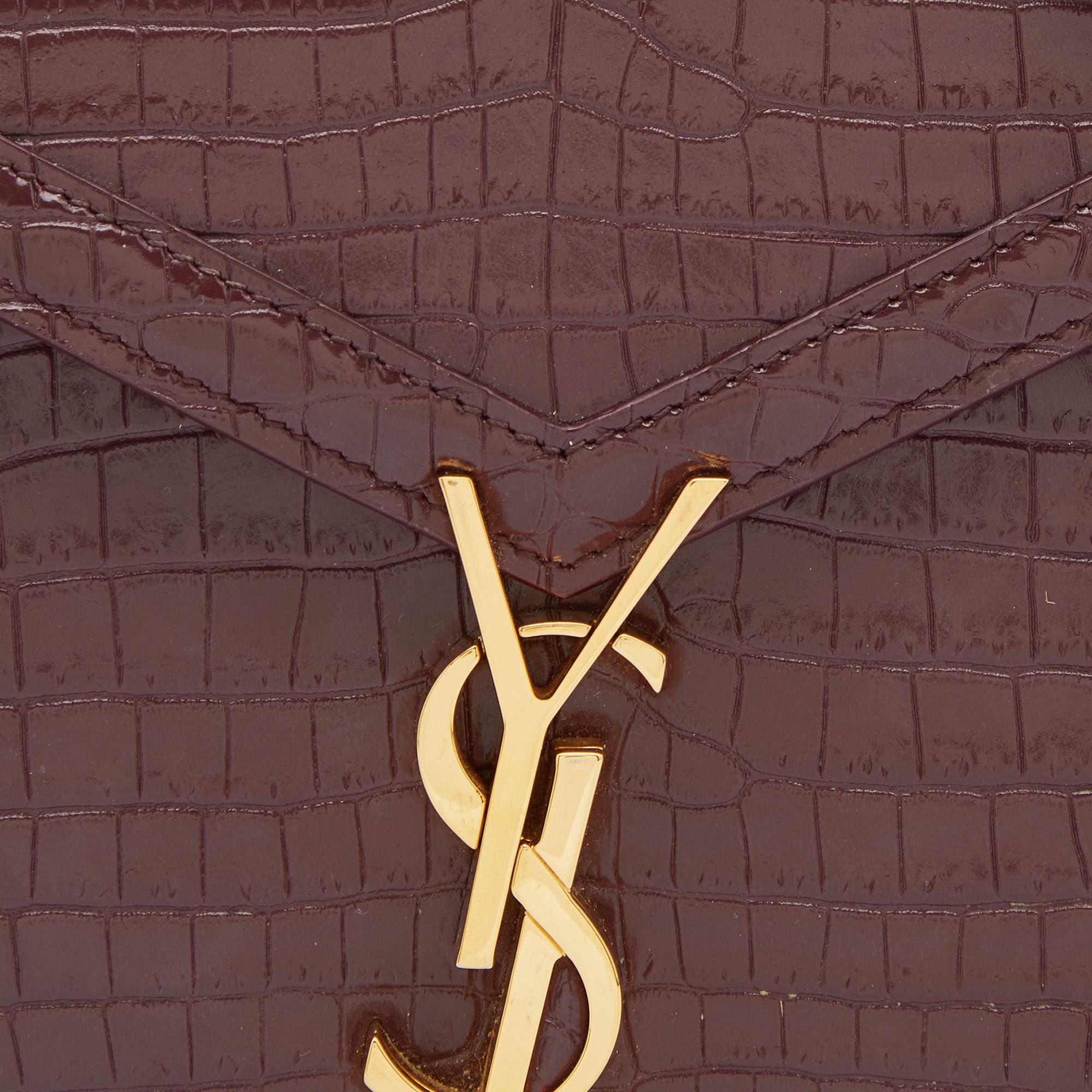 Saint Laurent Burgundy Croc Embossed Leather Mini Cassandra Top Handle Bag 5