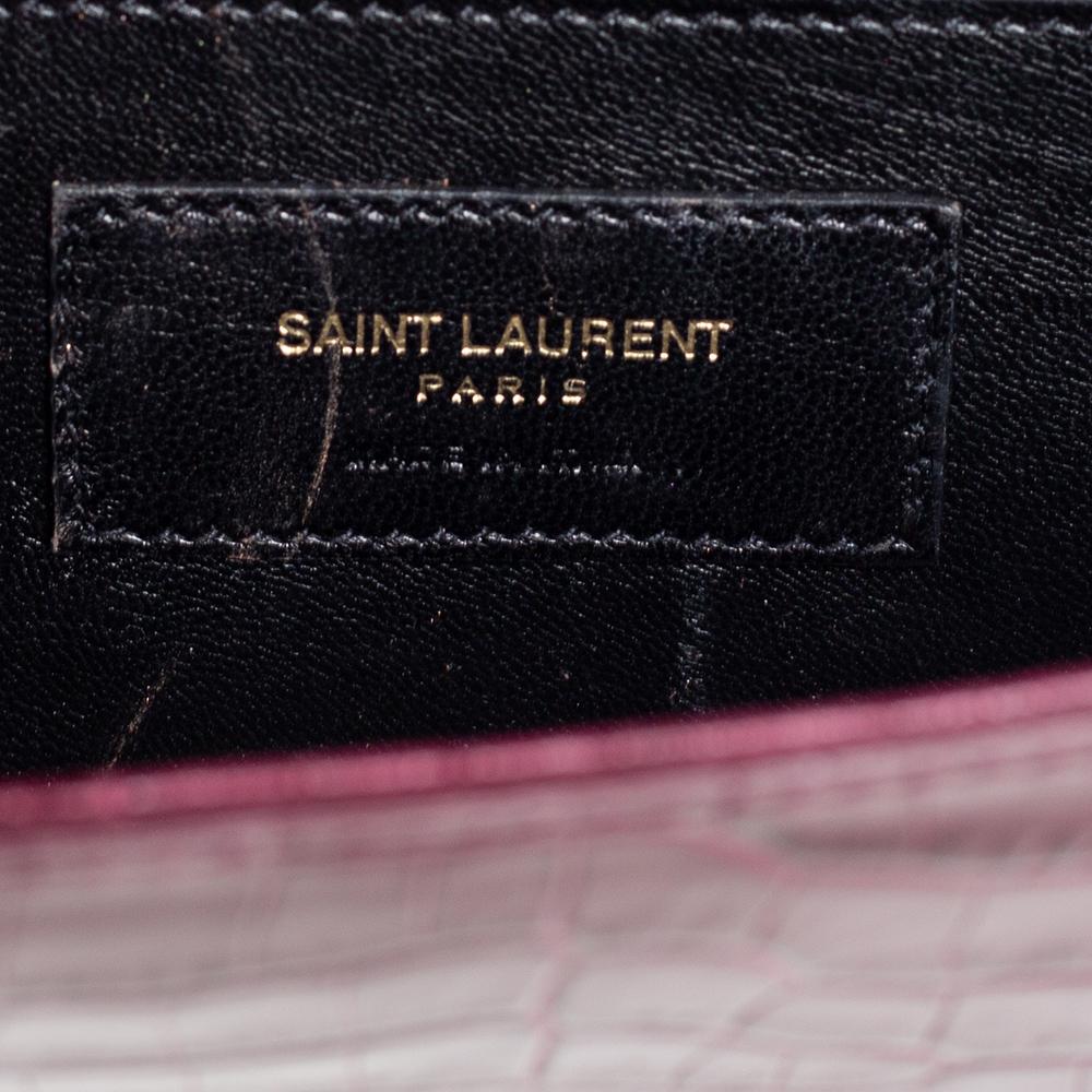 Black Saint Laurent Burgundy Croc Embossed Leather Monogram Clutch