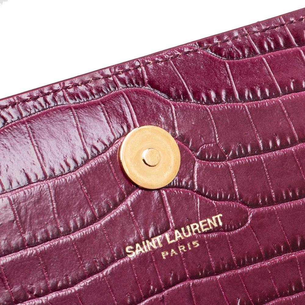 Women's Saint Laurent Burgundy Croc Embossed Leather Monogram Clutch