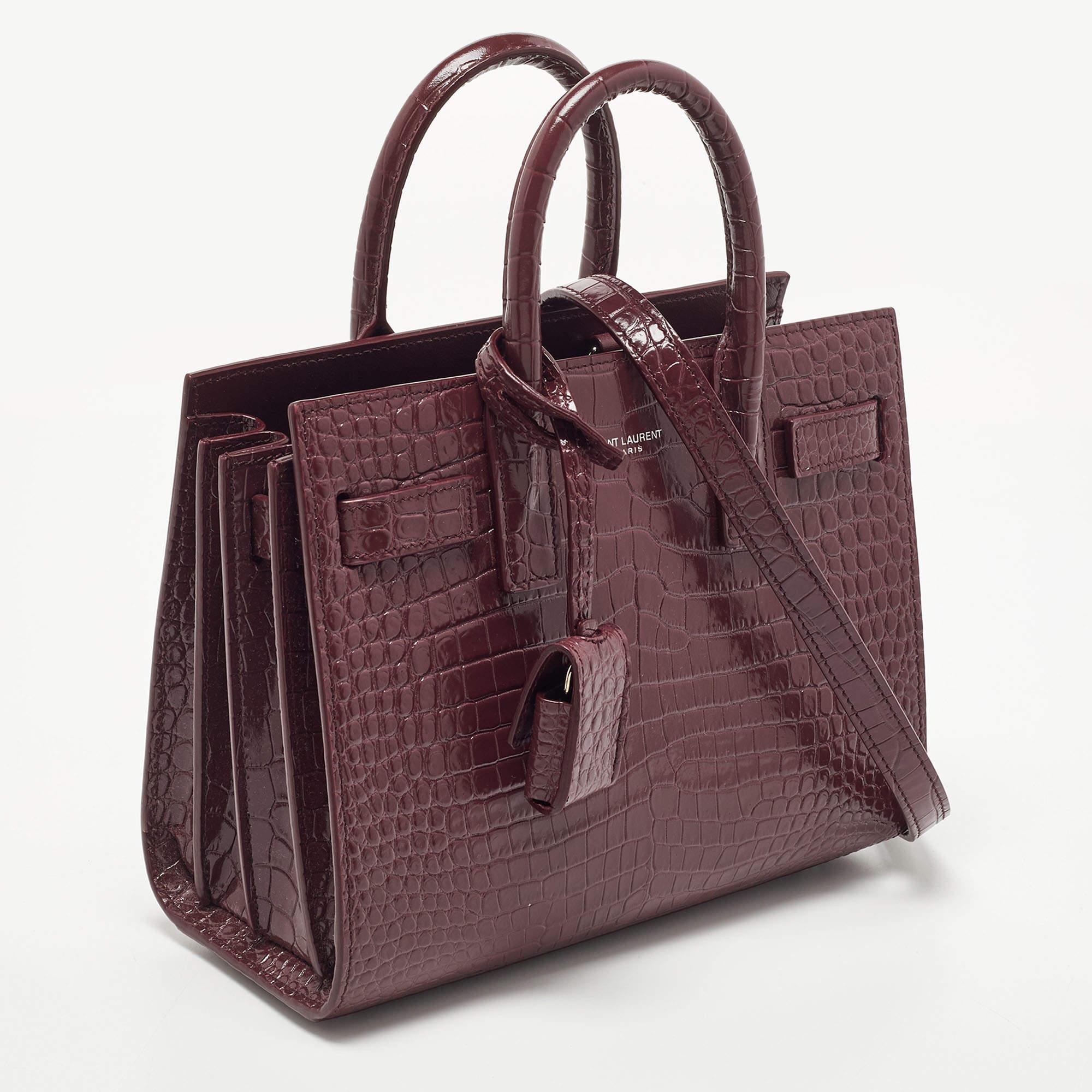 Women's Saint Laurent Burgundy Croc Embossed Leather Nano Classic Sac De Jour Tote