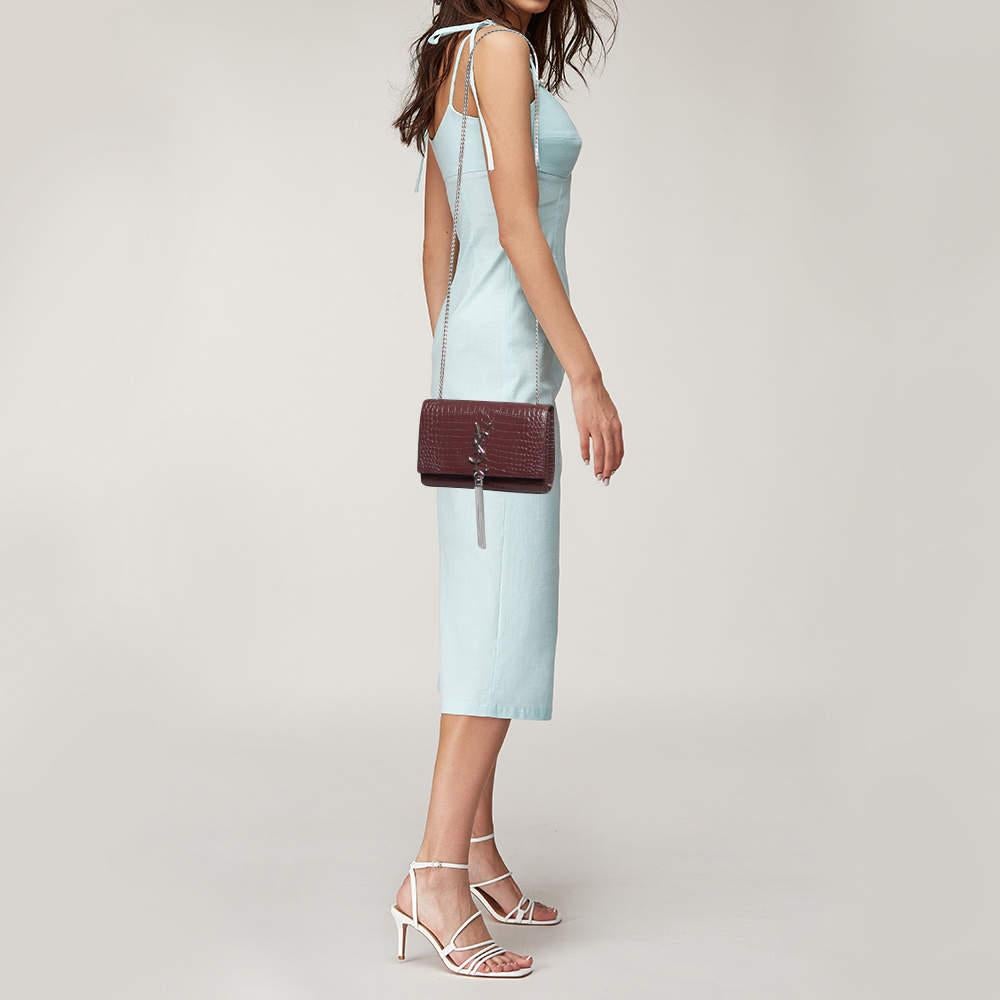 Brown Saint Laurent Burgundy Croc Embossed Leather New Medium Kate Shoulder Bag