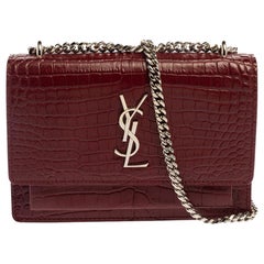 Saint Laurent Burgundy Croc Embossed Leather Sunset Shoulder Bag