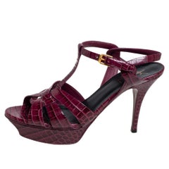 Saint Laurent Burgundy Croc Embossed Leather Tribute Sandals Size 40