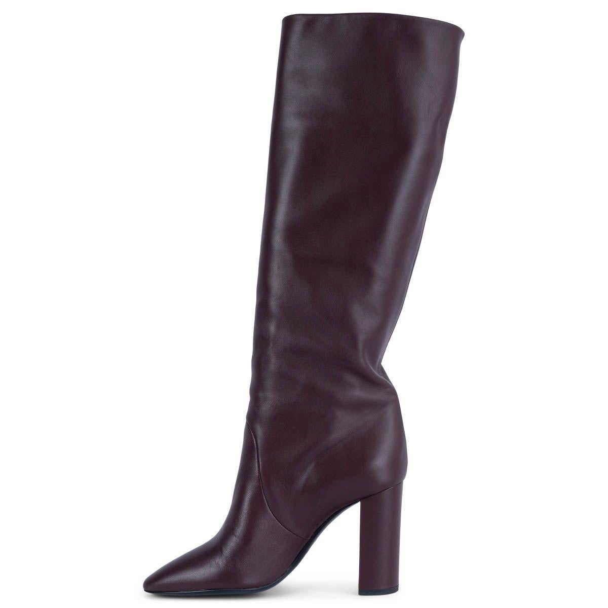 Black SAINT LAURENT burgundy leather LOU 96 Knee High Boots Shoes 37.5 For Sale