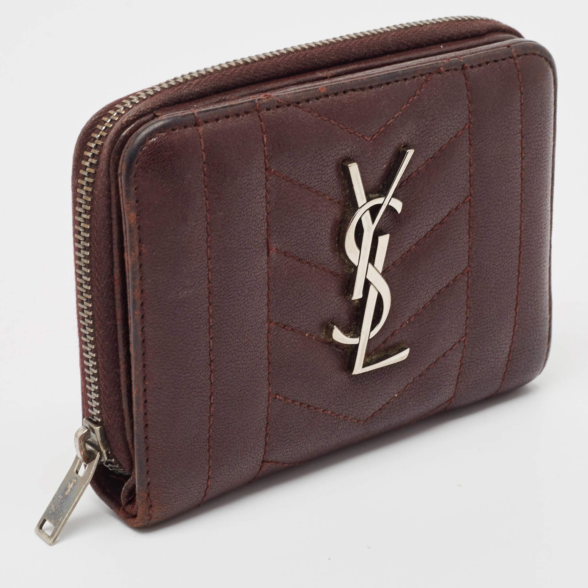 Women's Saint Laurent Burgundy Leather Monogram Zip Around Wallet
