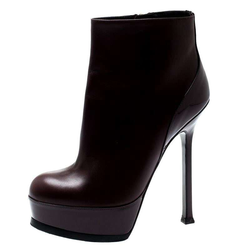 Saint Laurent Burgundy Leather Platform Ankle Booties Size 36