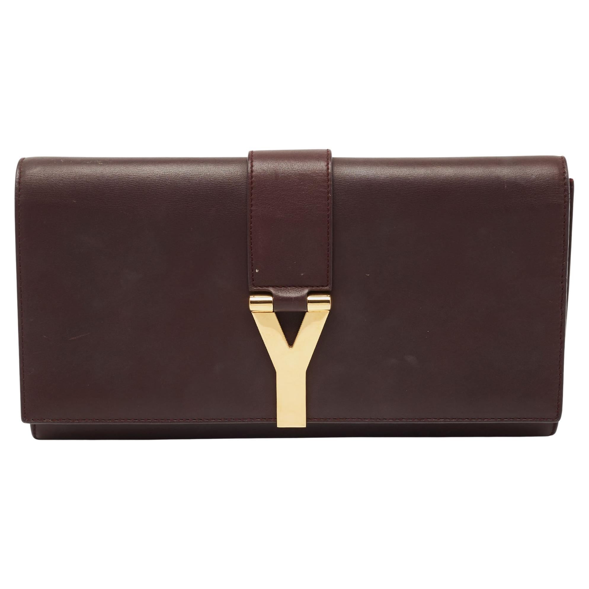 Saint Laurent Burgundy Leather Y-Ligne Clutch