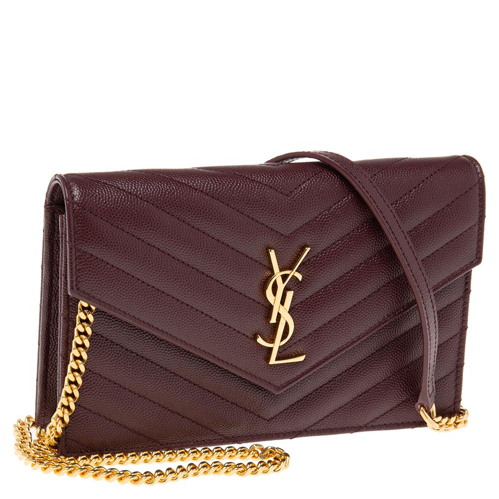 Saint Laurent Burgundy Matelassé Leather Monogram Envelope Wallet on Chain In Good Condition In Dubai, Al Qouz 2