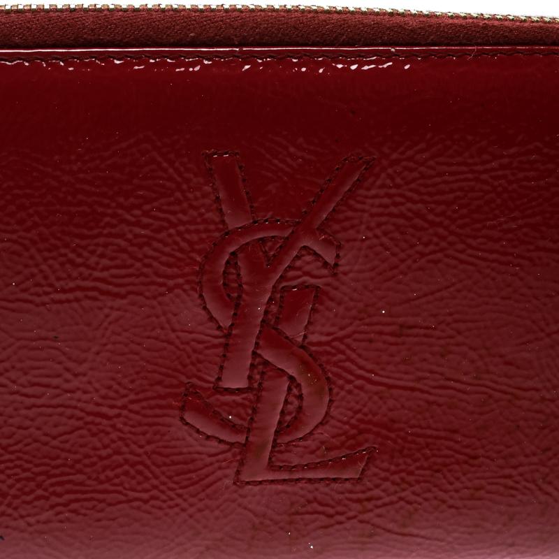 Red Saint Laurent Burgundy Patent Leather Bell De Jour Zip Around Wallet