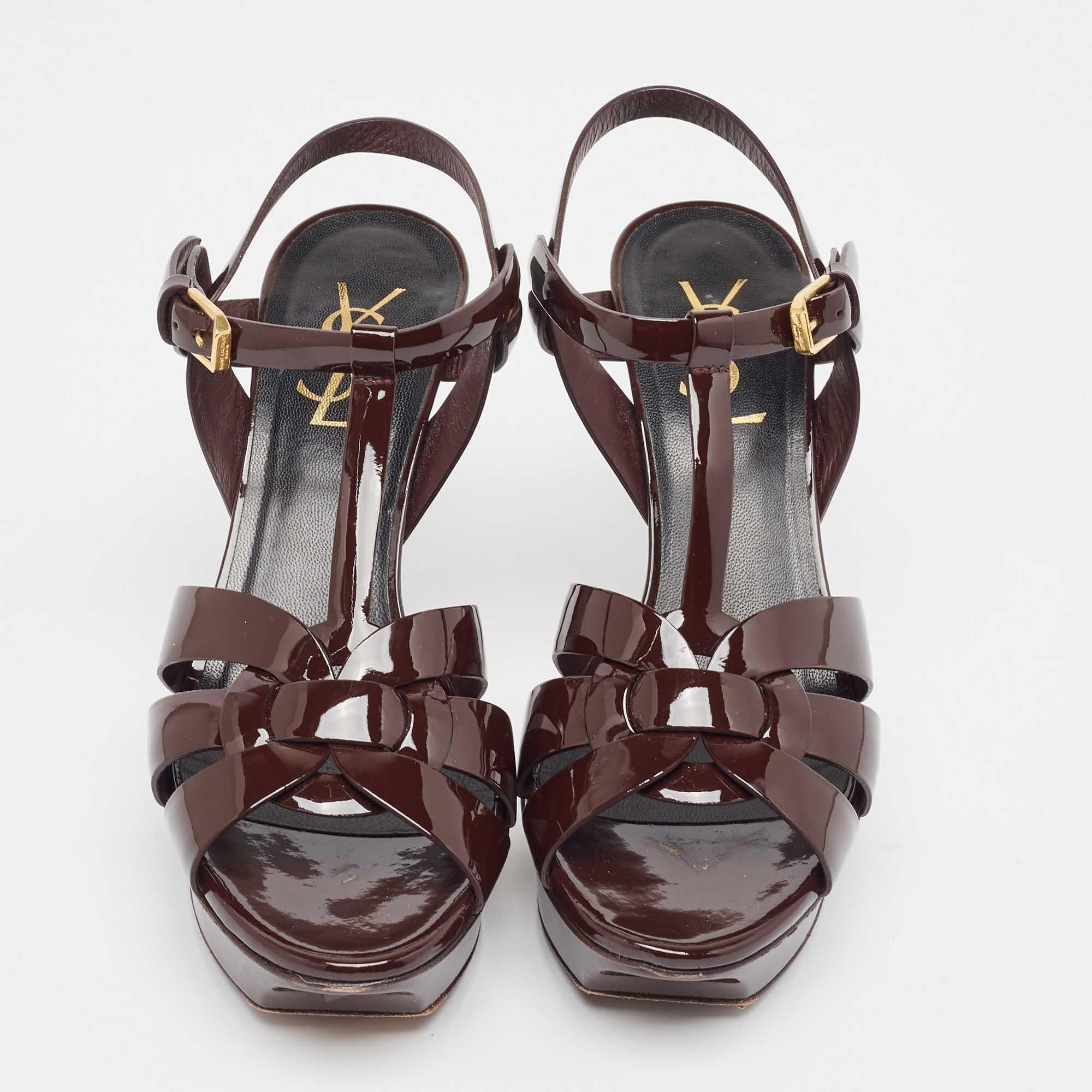 Black Saint Laurent Burgundy Patent Leather Tribute Sandals Size 37