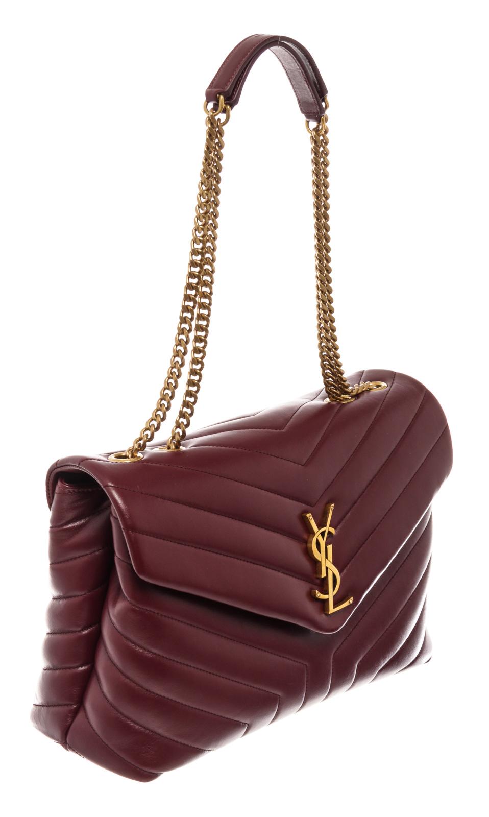 Burgundy leather with Chevron quilt detail Saint Laurent Loulou medium shoulder bag with gold-tone hardware, signature YSL monogram at front, chain-link shoulder straps with leather pads, black canvas lining & single interior pocket with zipper and