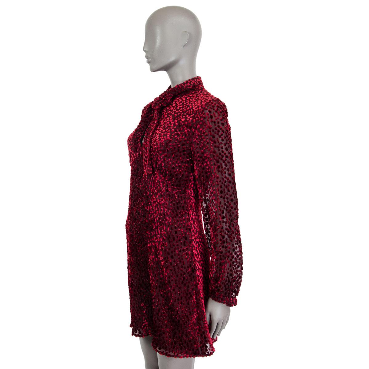 Black SAINT LAURENT burgundy silk PUSSY BOW DEVORE CHIFFON MINI Dress 42 L For Sale