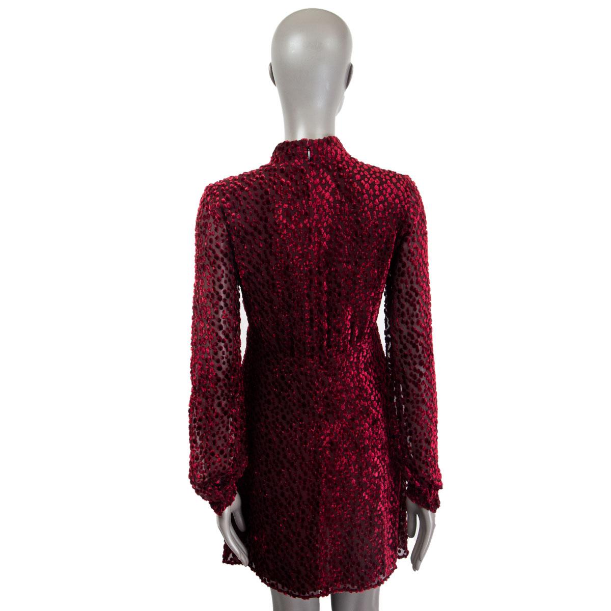 Women's SAINT LAURENT burgundy silk PUSSY BOW DEVORE CHIFFON MINI Dress 42 L For Sale