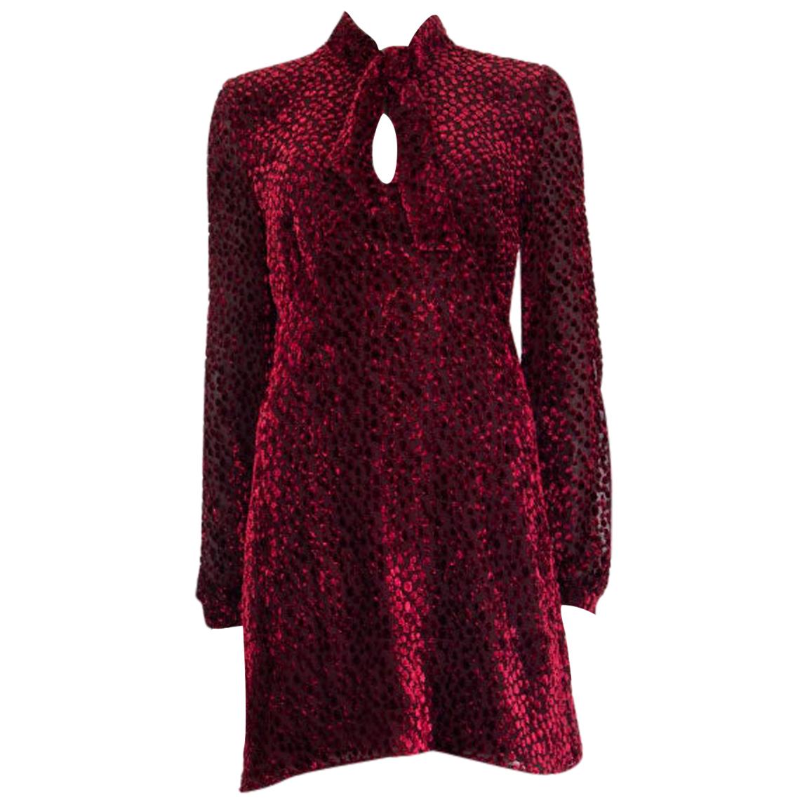 SAINT LAURENT burgundy silk PUSSY BOW DEVORE CHIFFON MINI Dress 42 L