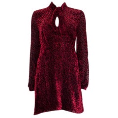 SAINT LAURENT burgundy silk PUSSY BOW DEVORE CHIFFON MINI Dress 42 L