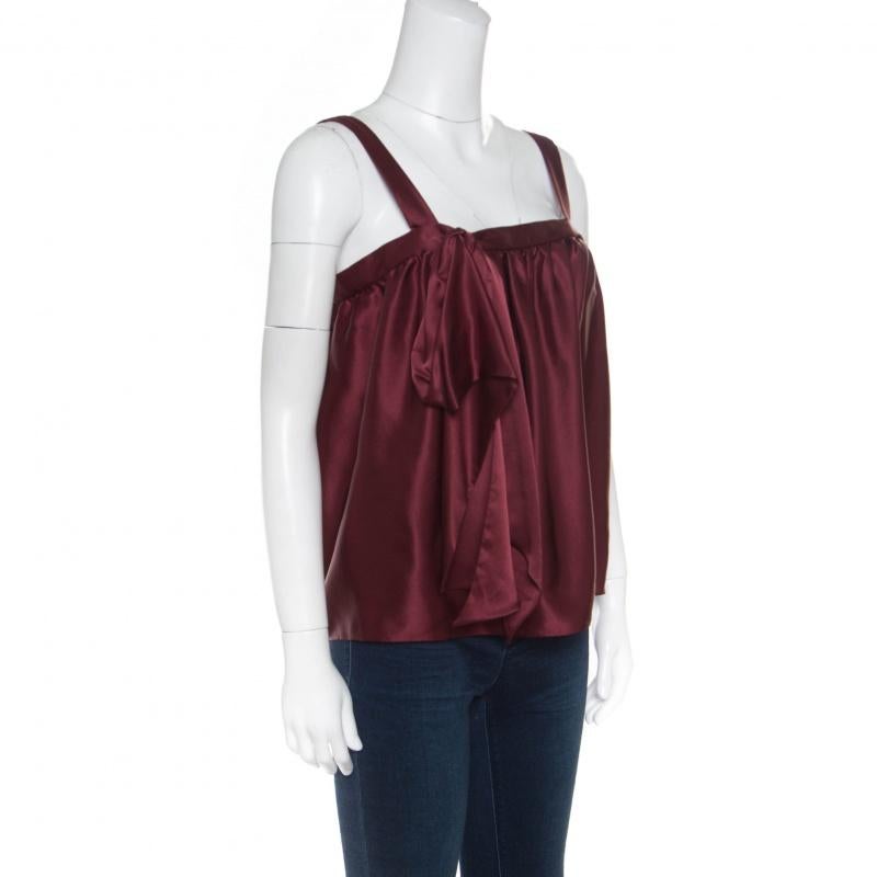 Black Saint Laurent Burgundy Silk Satin Bow Detail Sleeveless Top M