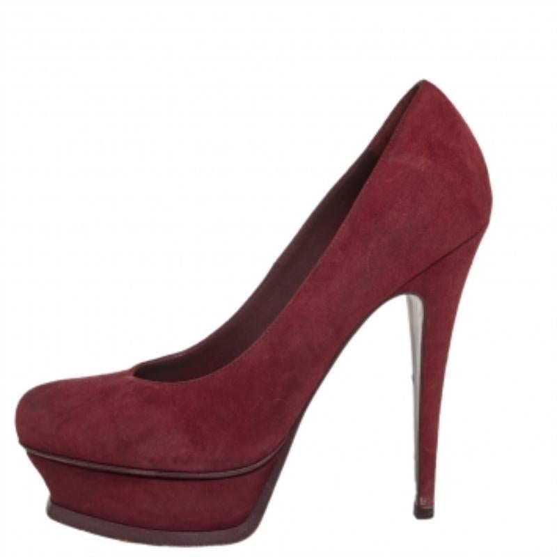 Saint Laurent Burgundy Suede Tribtoo Pumps Size 37 In Fair Condition For Sale In Dubai, Al Qouz 2