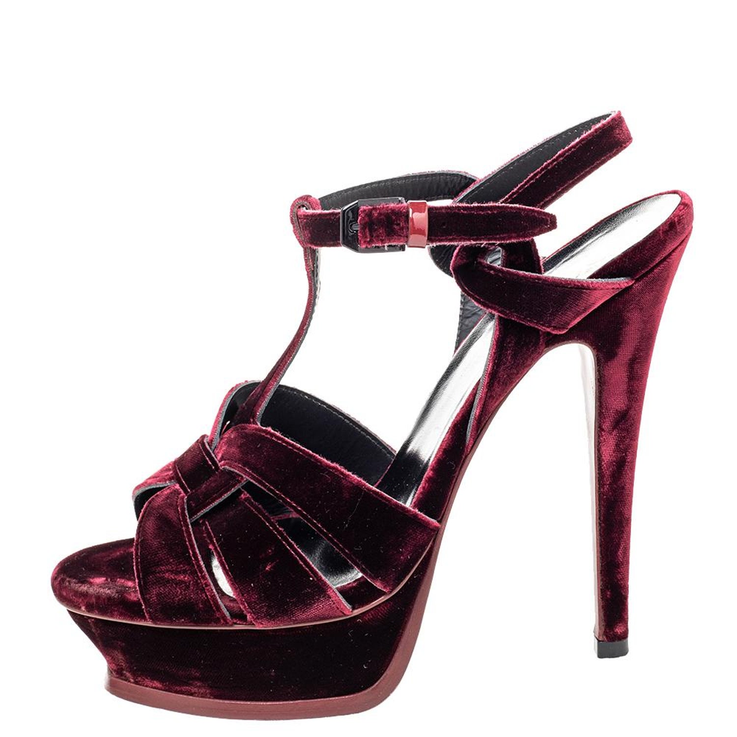 Saint Laurent Burgundy Velvet Tribute Platform Ankle Strap Sandals Size 37 For Sale At 1stdibs