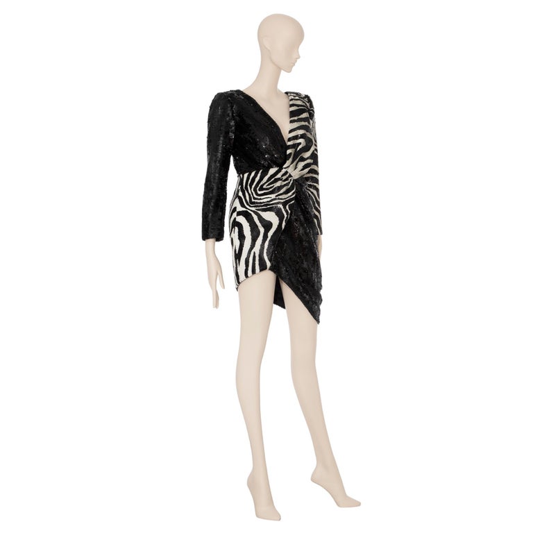 Saint Laurent by Hedi Slimane Asymmetric Zebra Print Sequin Dress 36 FR For  Sale at 1stDibs