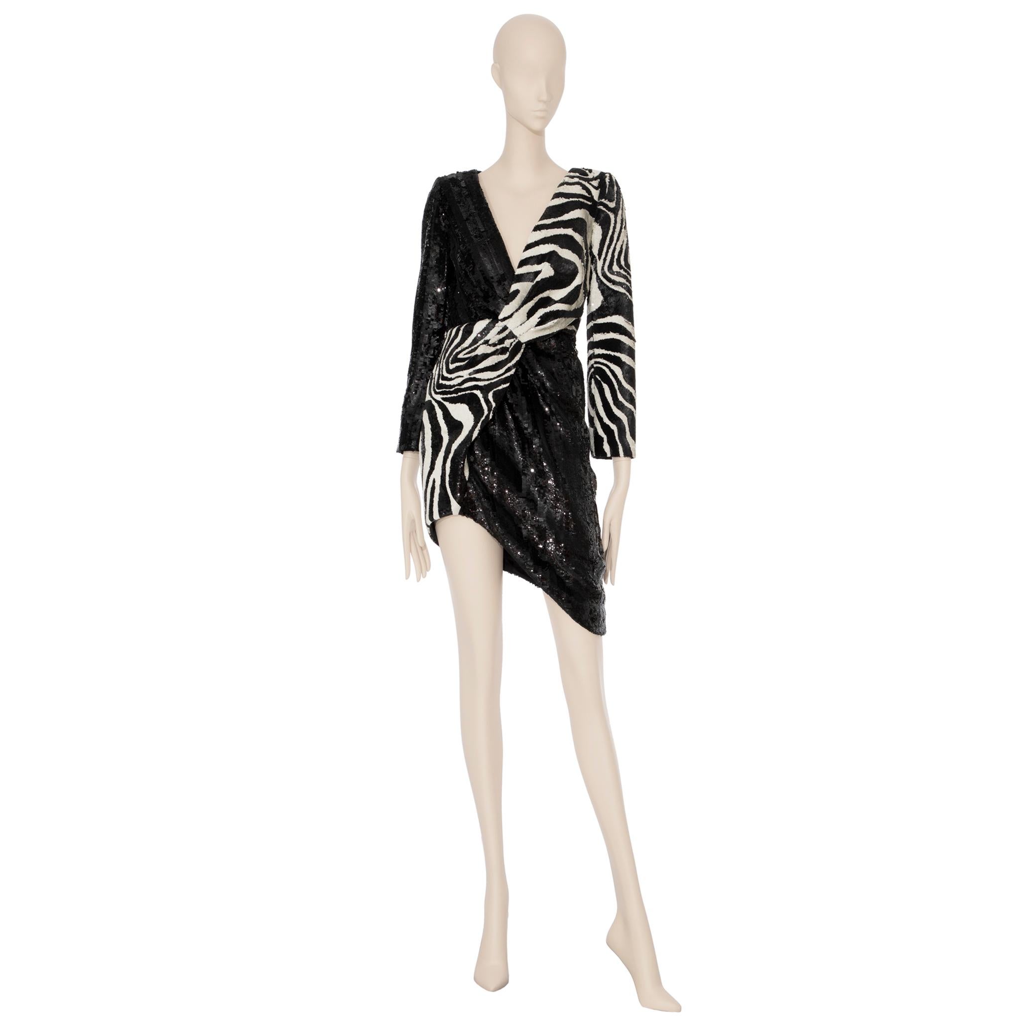 Saint Laurent by Hedi Slimane Asymmetric Zebra Print Sequin Dress 36 FR For Sale 3