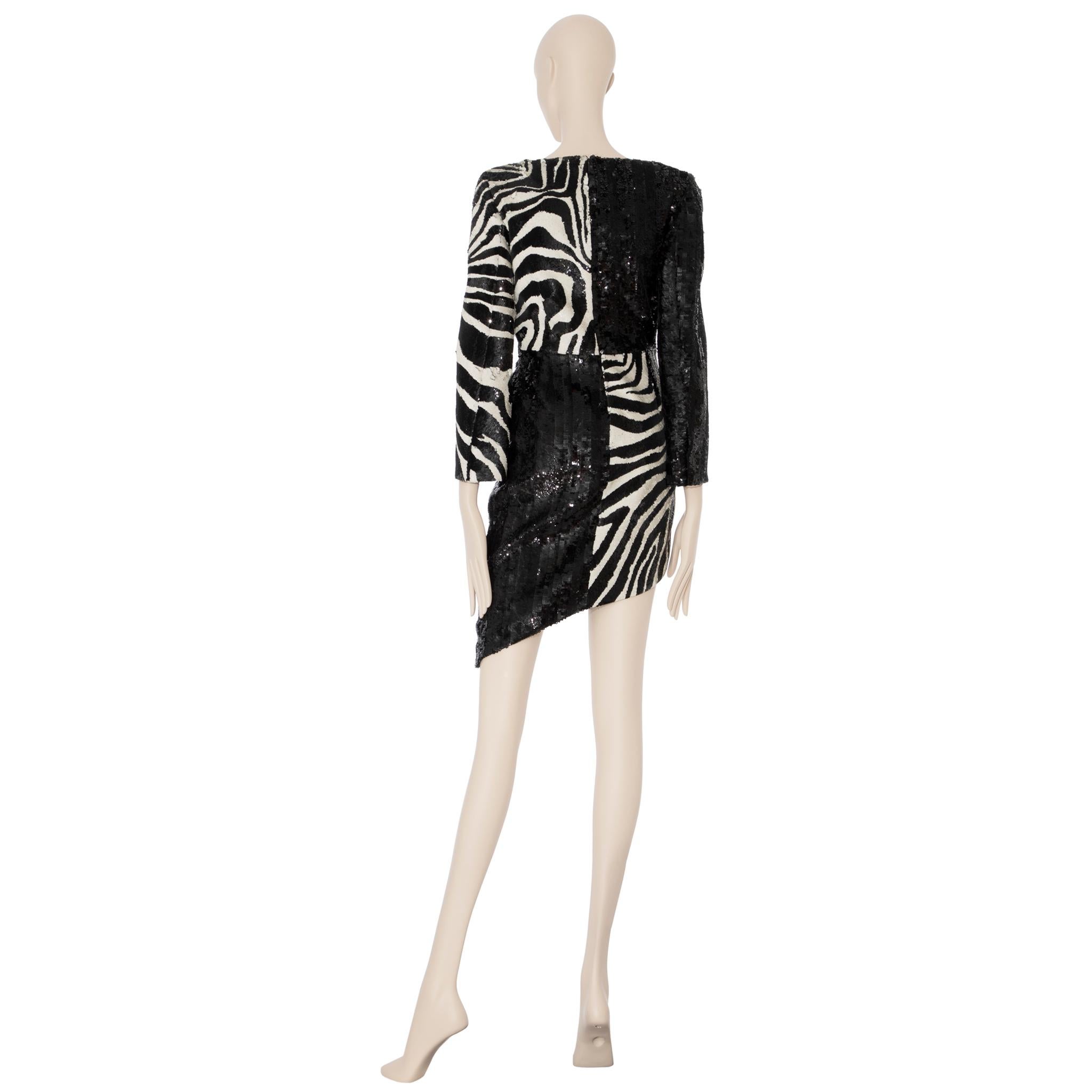 Saint Laurent by Hedi Slimane Asymmetric Zebra Print Sequin Dress 36 FR For Sale 4