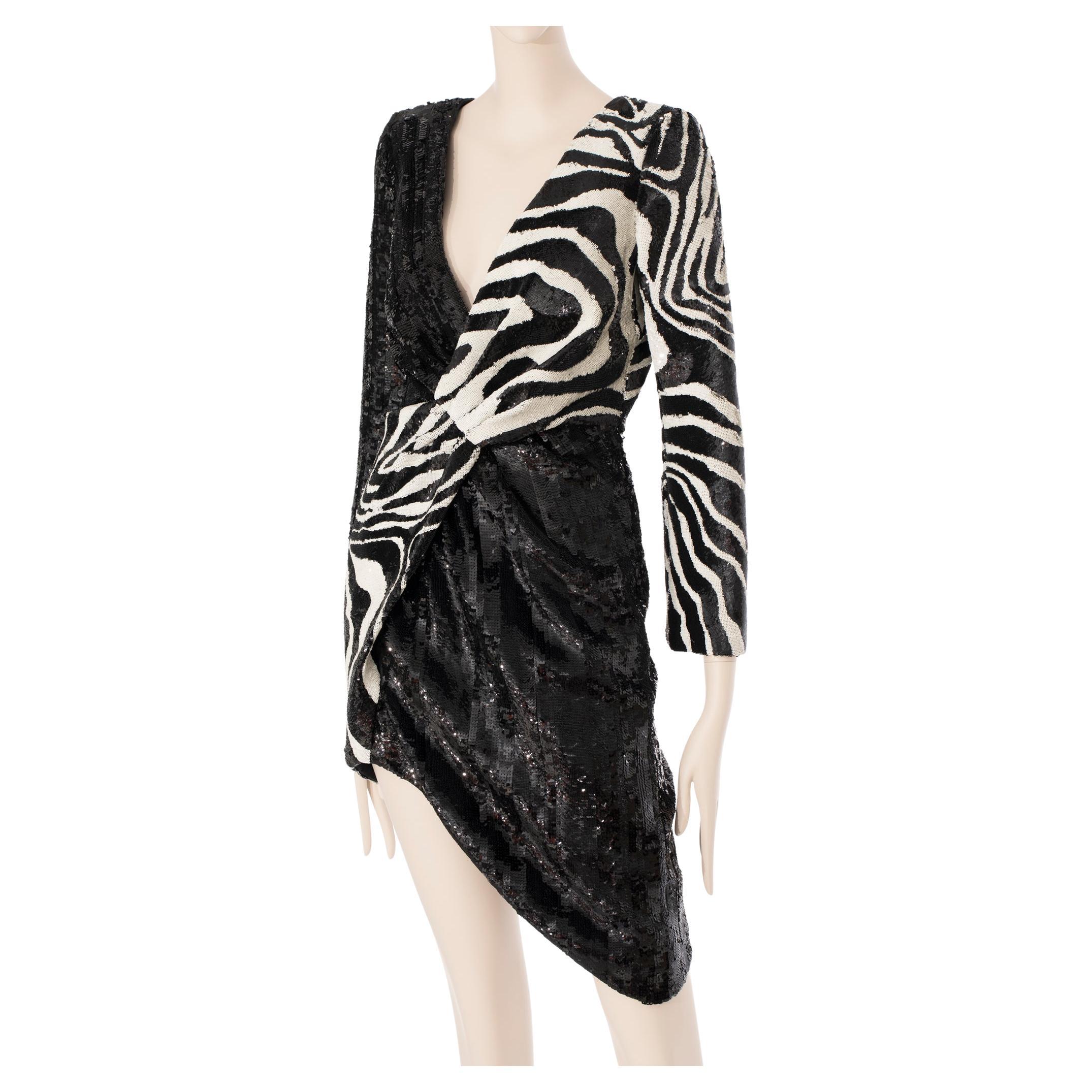 Saint Laurent by Hedi Slimane Asymmetric Zebra Print Sequin Dress 36 FR For Sale