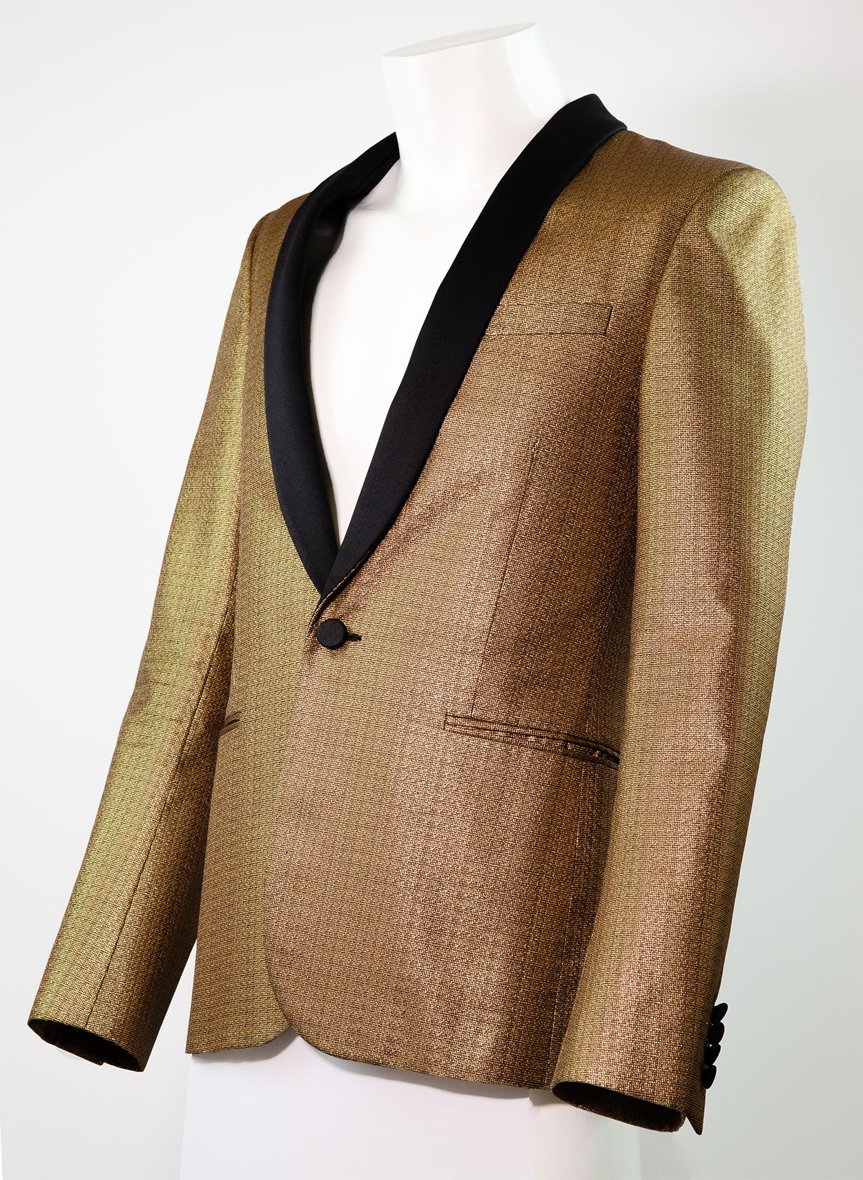 SAINT LAURENT By HEDI SLIMANE S/S 2014 Gold Lamé Blazer 44 For Sale 1