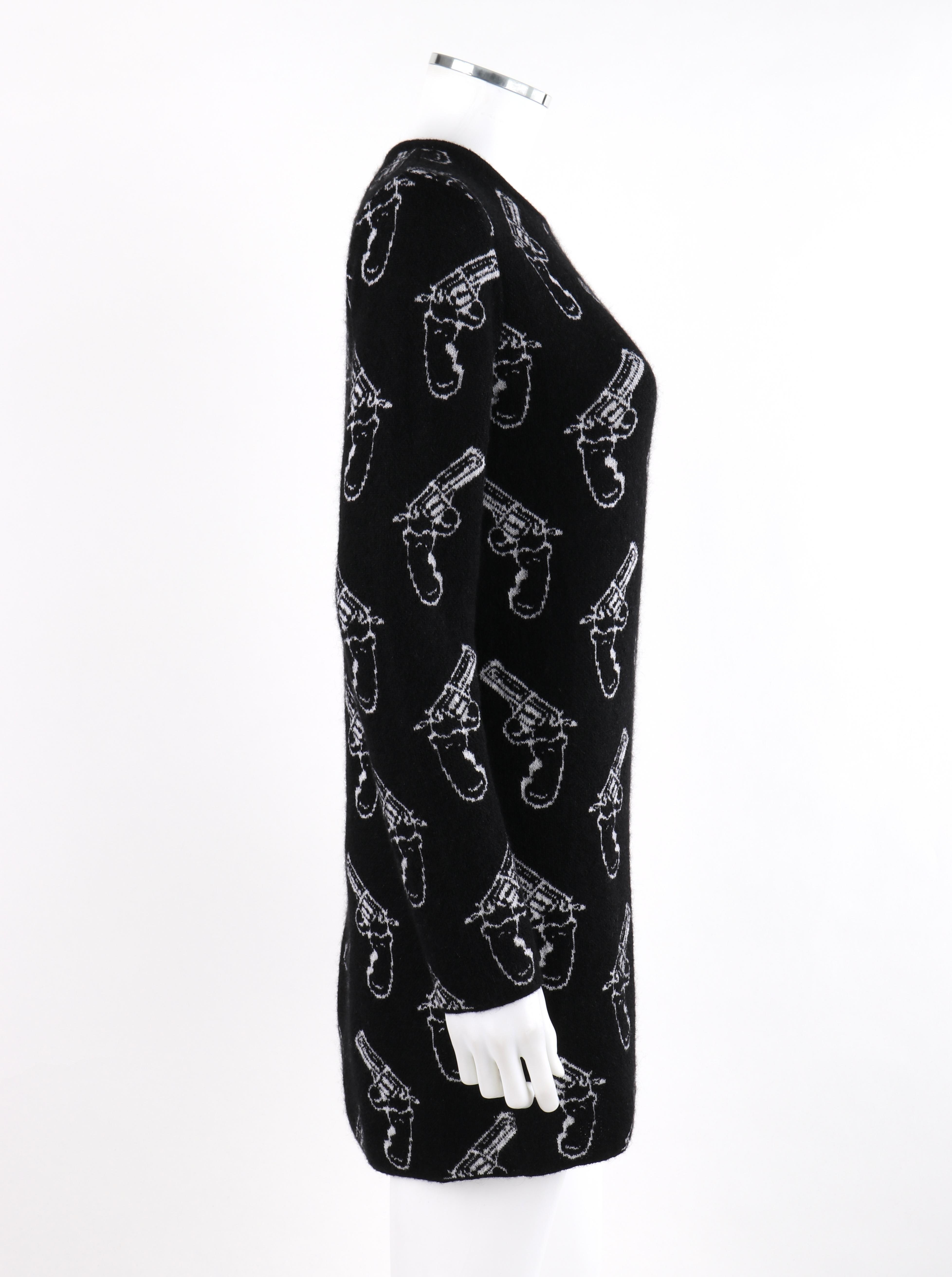 Donna SAINT LAURENT c.2014 Nero Avorio Stampa Pistola Manica lunga Mini Shift Sweater Dress in vendita