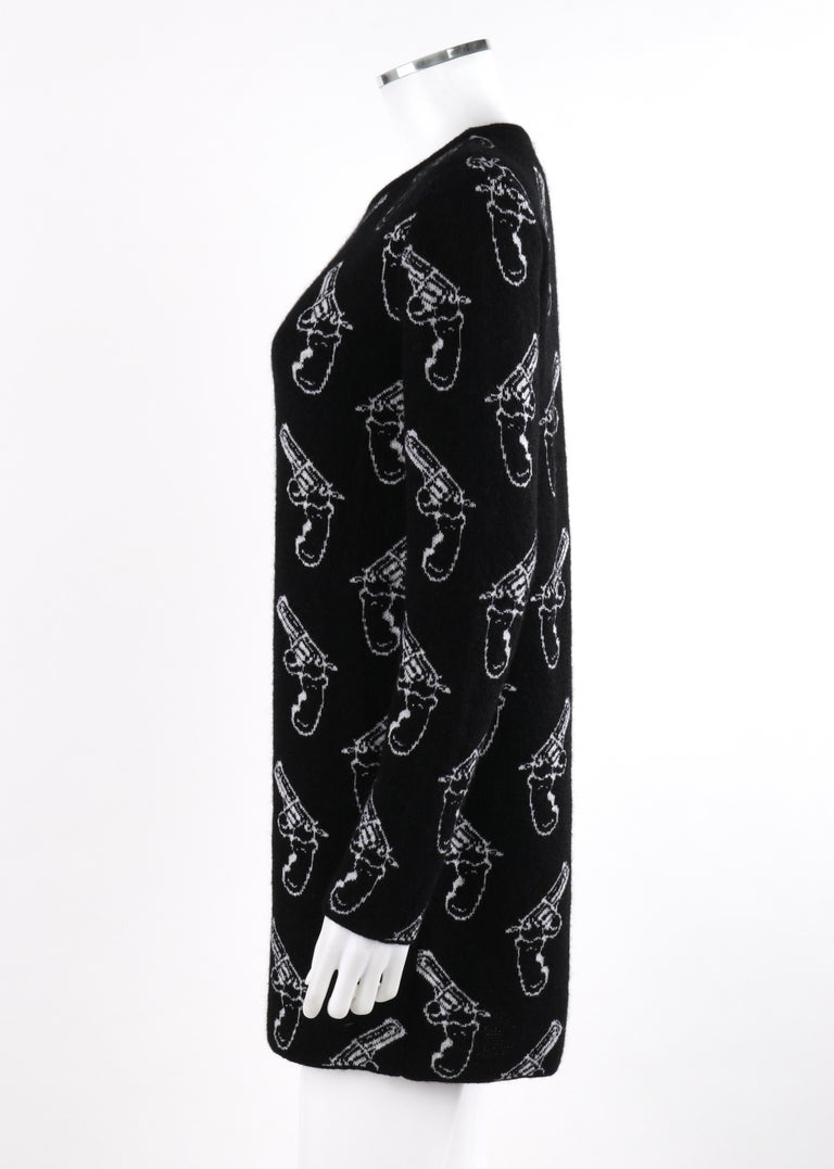 SAINT LAURENT c.2014 Black Ivory Gun Print Long Sleeve Mini Shift Sweater  Dress
