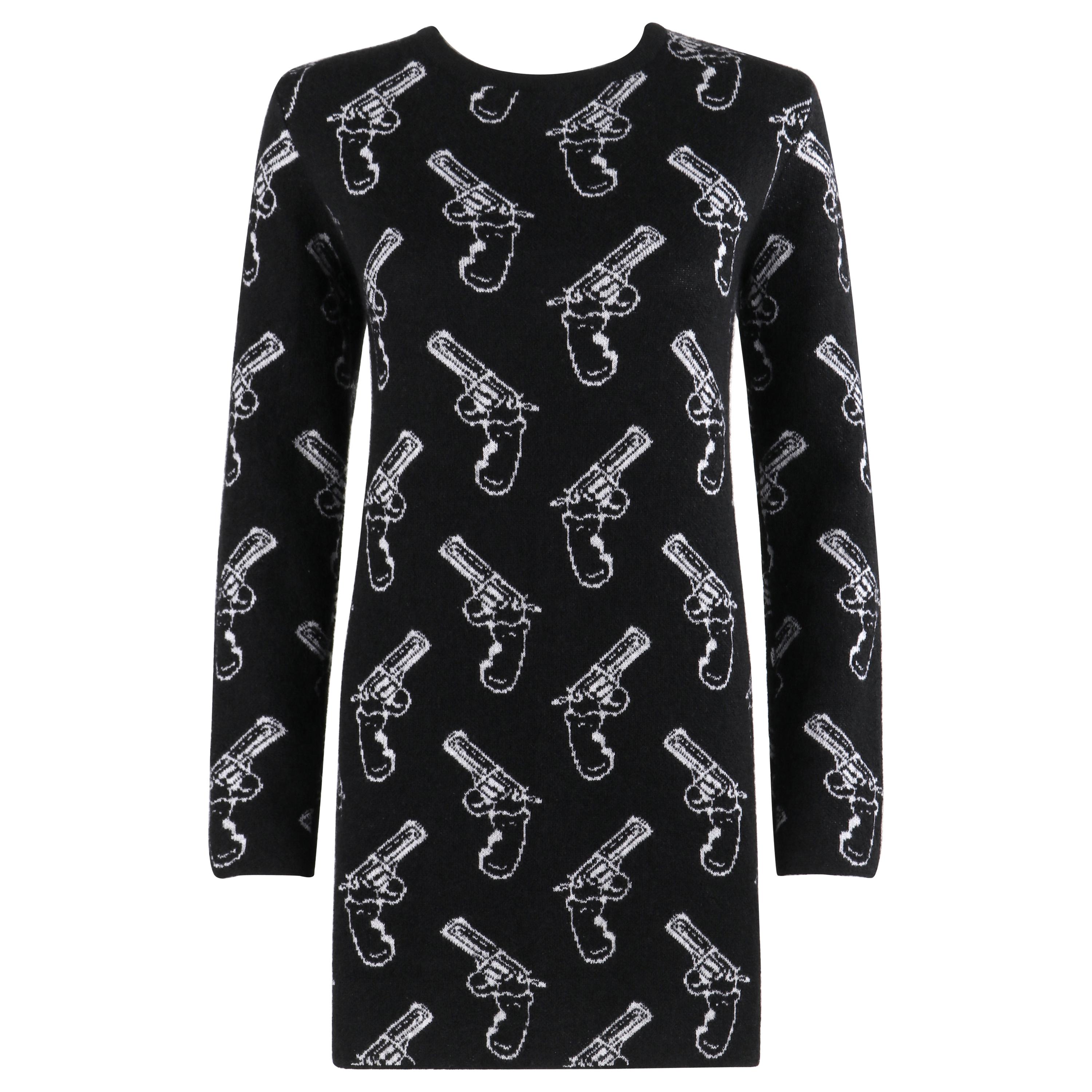 SAINT LAURENT c.2014 Black Ivory Gun Print Long Sleeve Mini Shift Sweater Dress For Sale