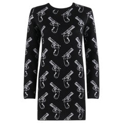 SAINT LAURENT c.2014 Black Ivory Gun Print Long Sleeve Mini Shift Sweater Dress