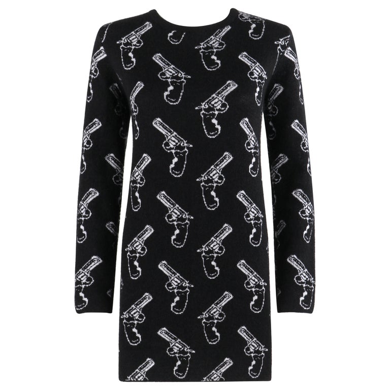 SAINT LAURENT c.2014 Black Ivory Gun Print Long Sleeve Mini Shift Sweater  Dress