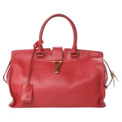 Saint Laurent Calfskin Classic Y Logo Red Medium Cabas Top Handle Bag