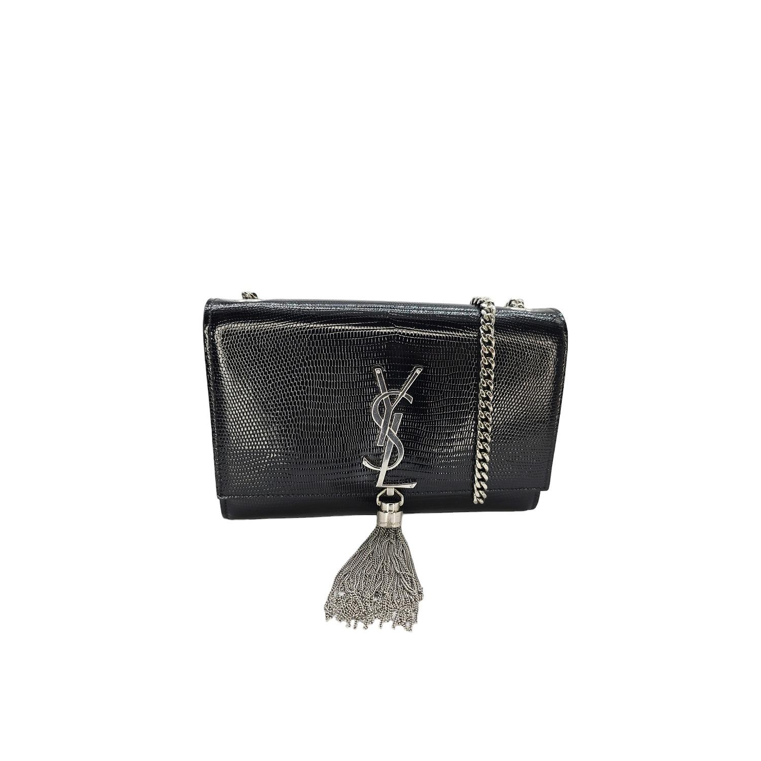 Saint Laurent Calfskin Lizard Embossed Kate Tassel Shoulder Bag Black In Excellent Condition For Sale In Scottsdale, AZ