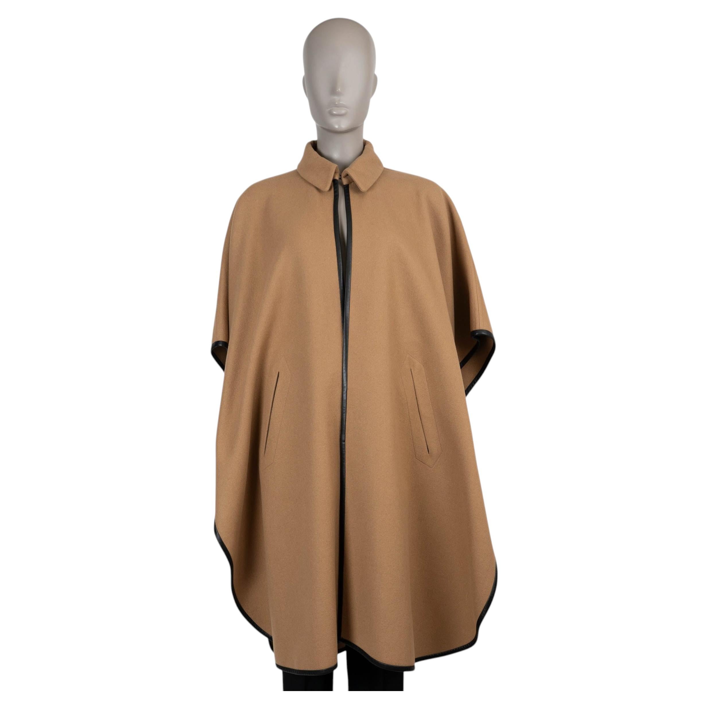 SAINT LAURENT camel brown cashmere 2021 LEATHER TRIM FELT CAPE Jacket 36 XS