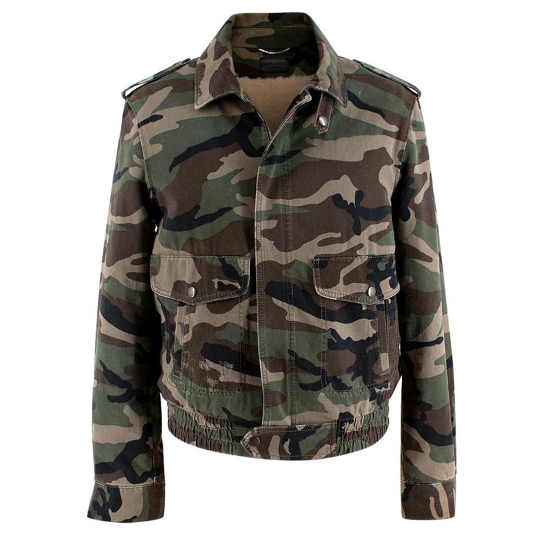 Saint Laurent Camo Shearling Lined Bomber Jacket - Us size 6 at 1stDibs | saint  laurent camo jacket