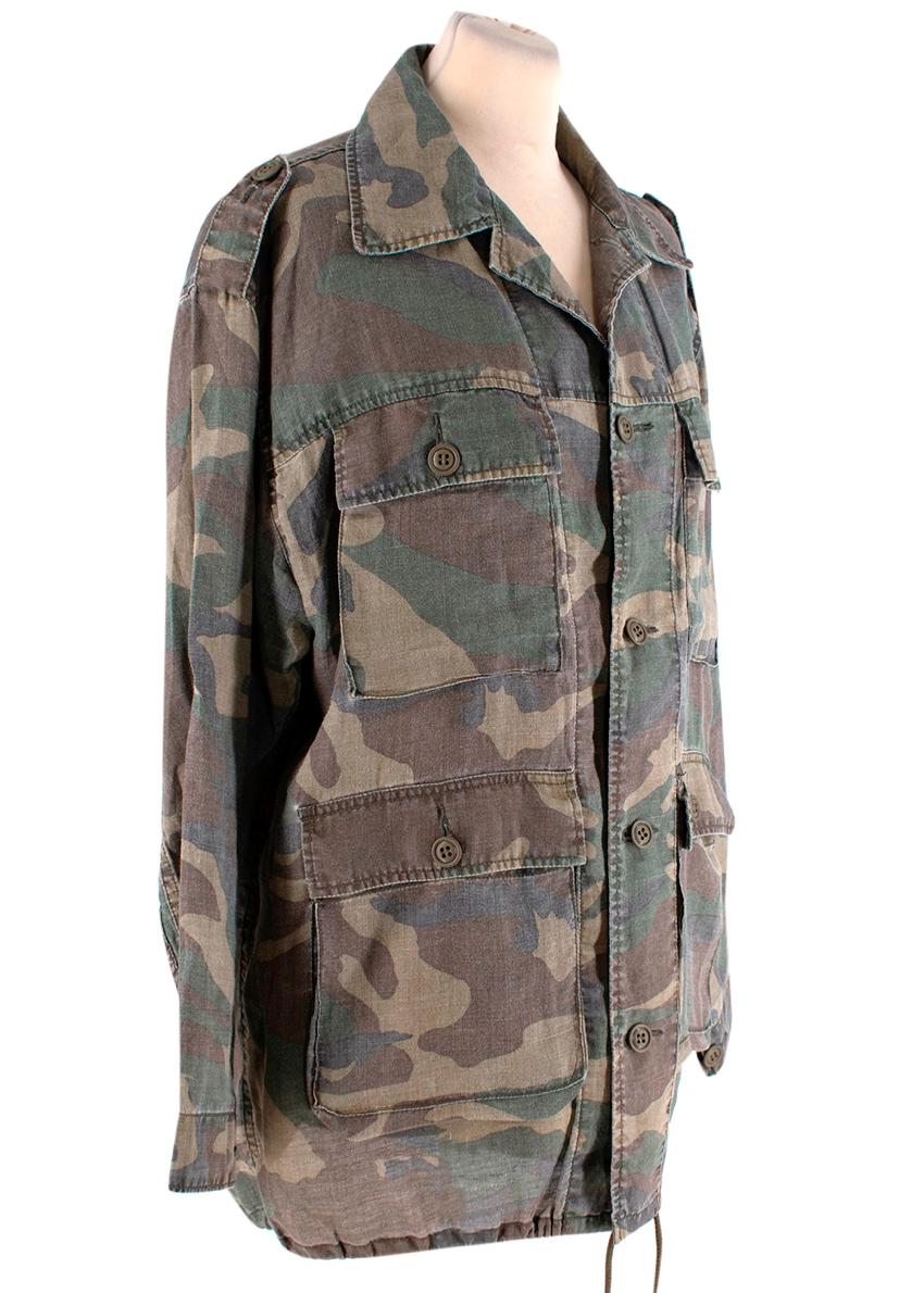 Saint Laurent Camouflage Khaki Field Jacket
 

 - Oversize camouflage printed feild jacket
 - 4 flapped front pockets 
 - Classic collar
 - Button Through, drawstring hemline 
 - Unlined
 

 Materials:
 100% Ramie
 

 Made in Japan
 Dry clean only
