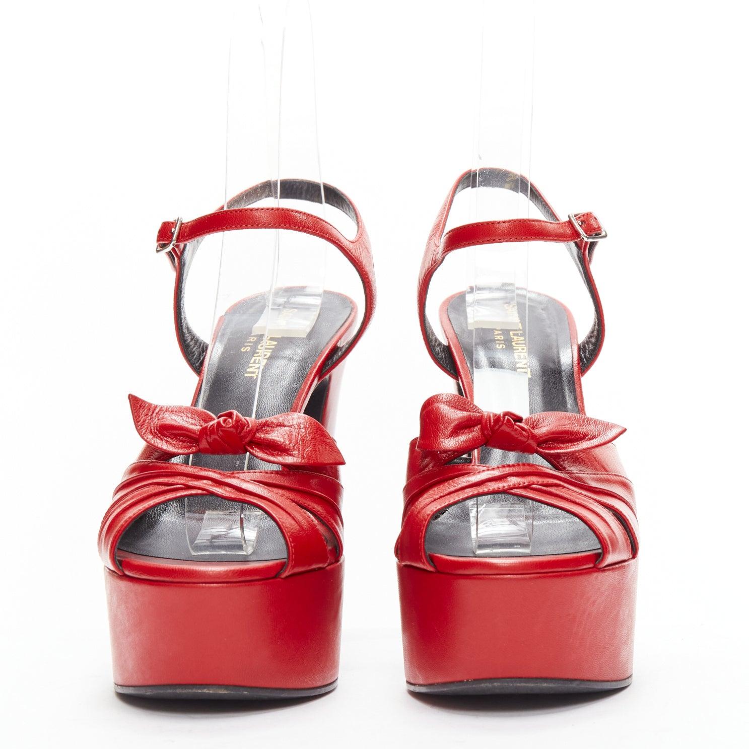 Red SAINT LAURENT Candy 80 red leather bow detail platform heels EU38