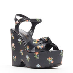 SAINT LAURENT Candy black vintage floral print leather platform wedge EU36.5