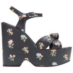 SAINT LAURENT Candy black vintage floral print leather platform wedge EU36.5