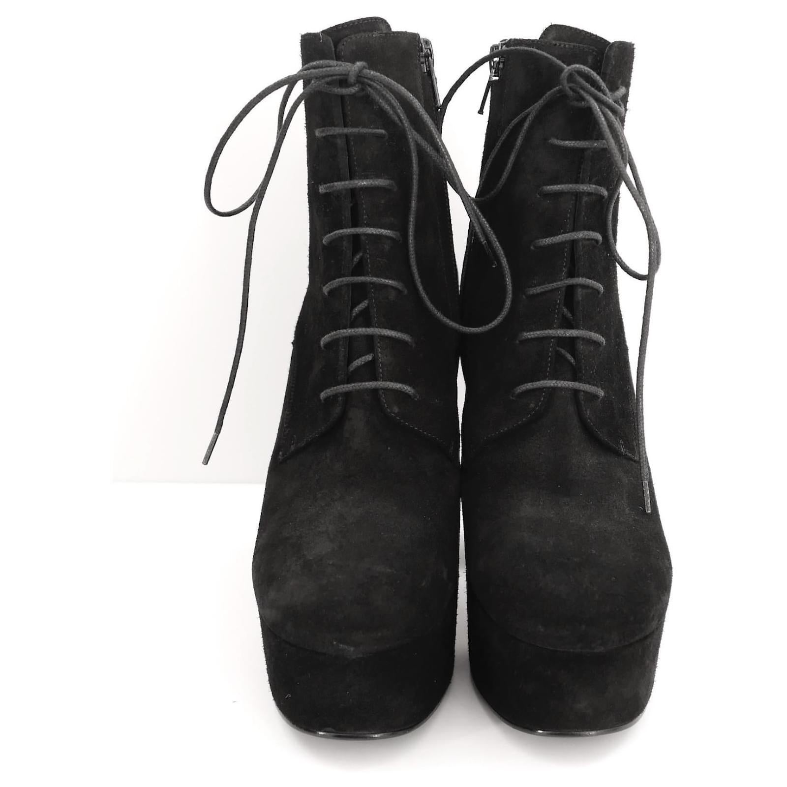 Fabulous Saint Laurent Candy platform ankle boots - bought for $1300 and worn once. come with dustbag. Made from black suede with long laces, chunky heels and platforms and side zips. Size 36.5. Measure approx 10” heel to toe, heel 4.75” and