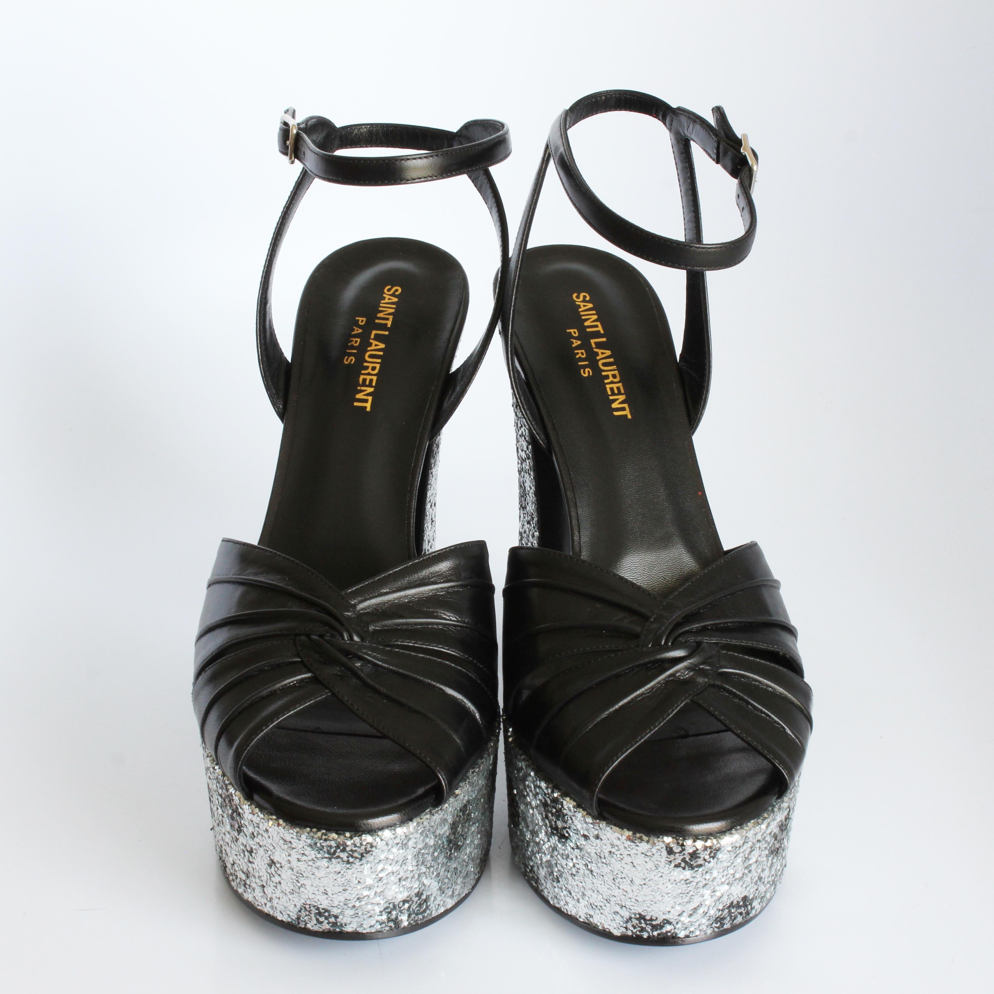 Noir Saint Laurent Sandales compensées Candy paillettes argentées Hedi Slimane taille 39 en vente