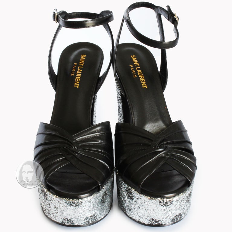 Saint Laurent Sweets Platforms Silver Glitter Sandals Hedi Slimane NIB Sz  39 For Sale at 1stDibs