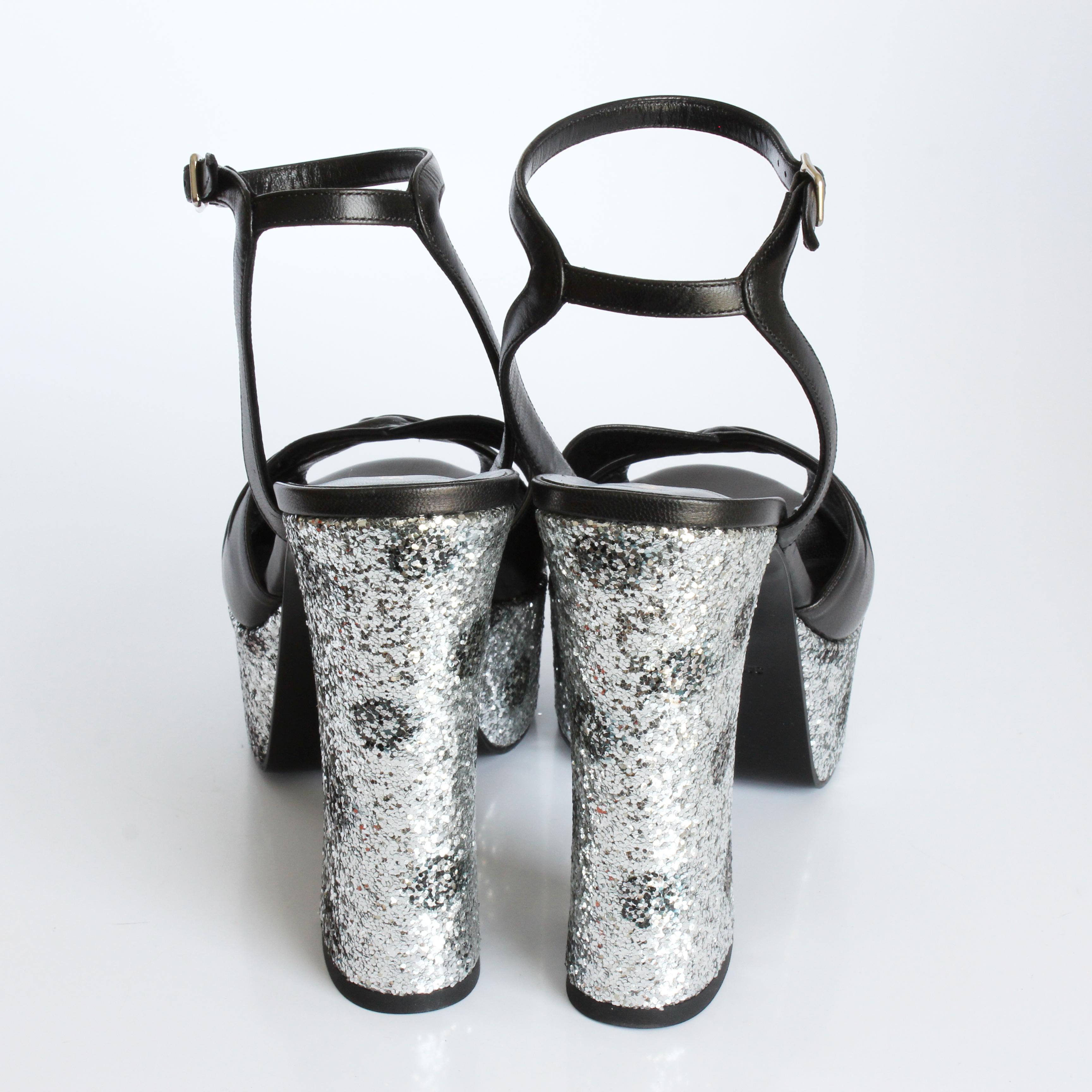 Black Saint Laurent Candy Platforms Silver Glitter Sandals Hedi Slimane NIB Sz 39 For Sale