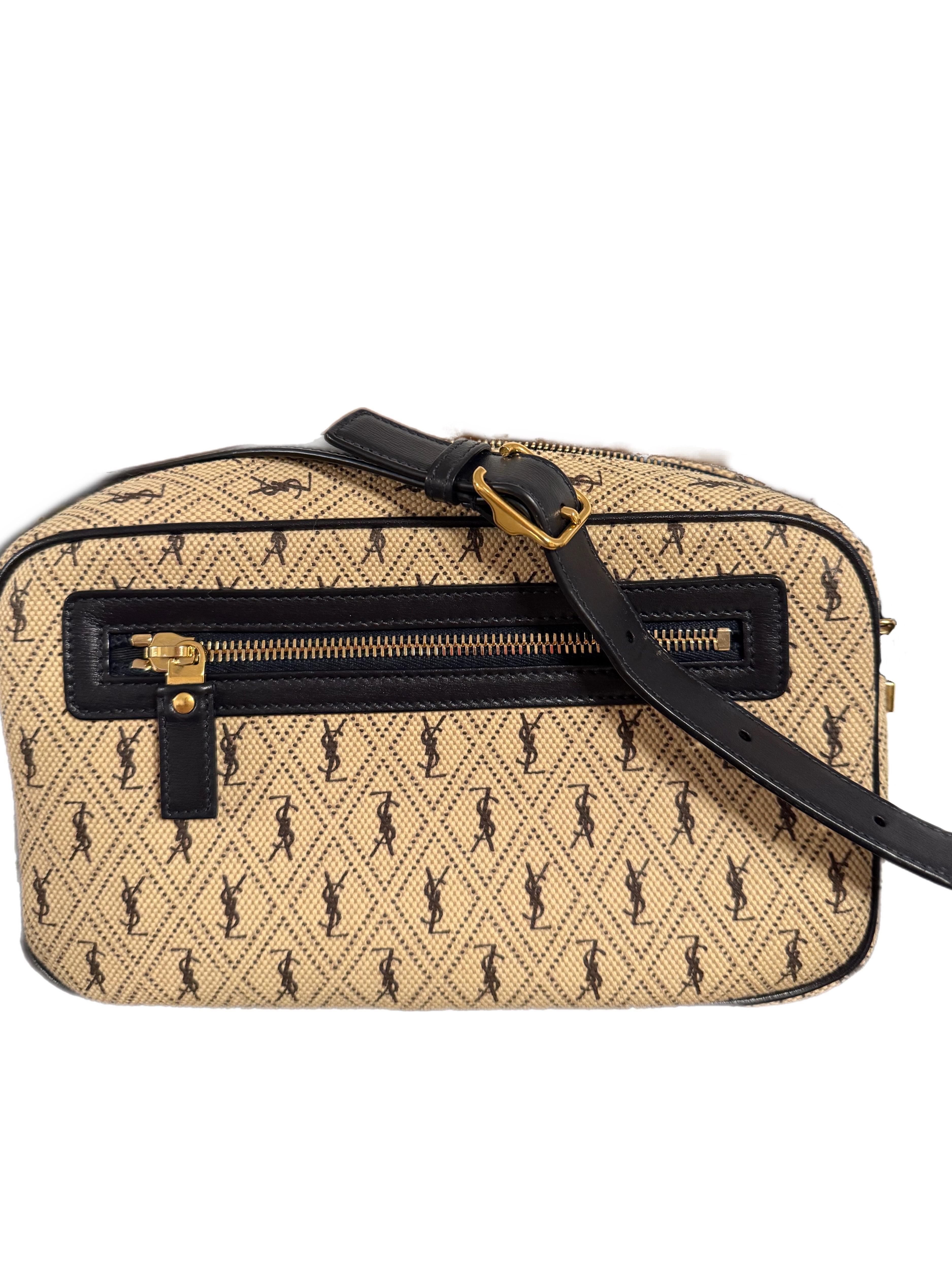 Donna Saint Laurent Borsa fotografica in tela Monogram All Over Beige in vendita