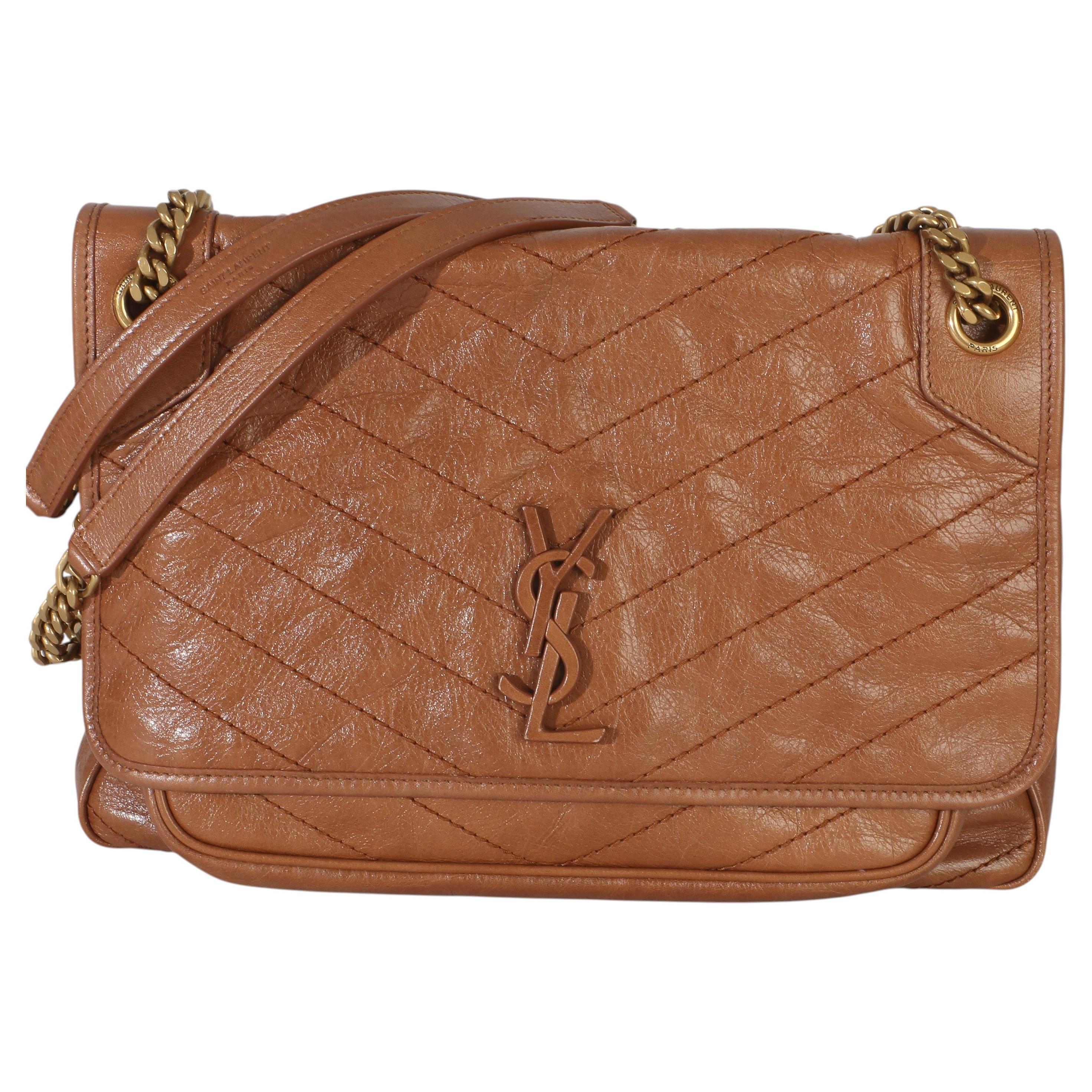 Saint Laurent Caramel Crinkled Calfskin Matelasse Medium Niki Chain Satchel