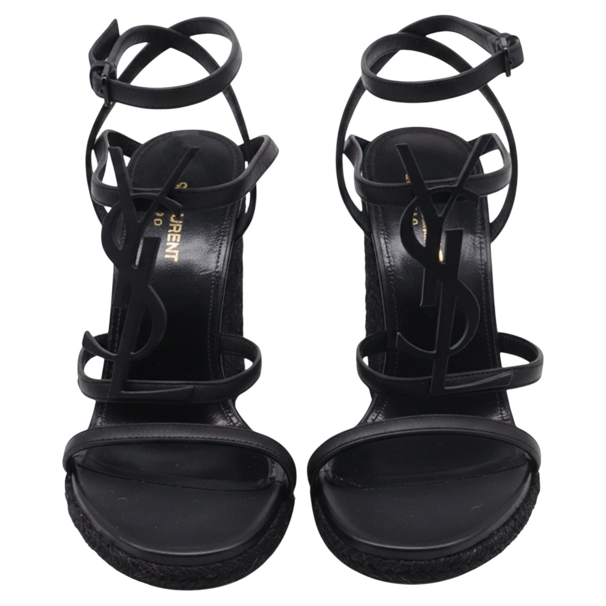 Saint Laurent Cassandra Espadrille 105 Wedges in Black Calfskin Leather