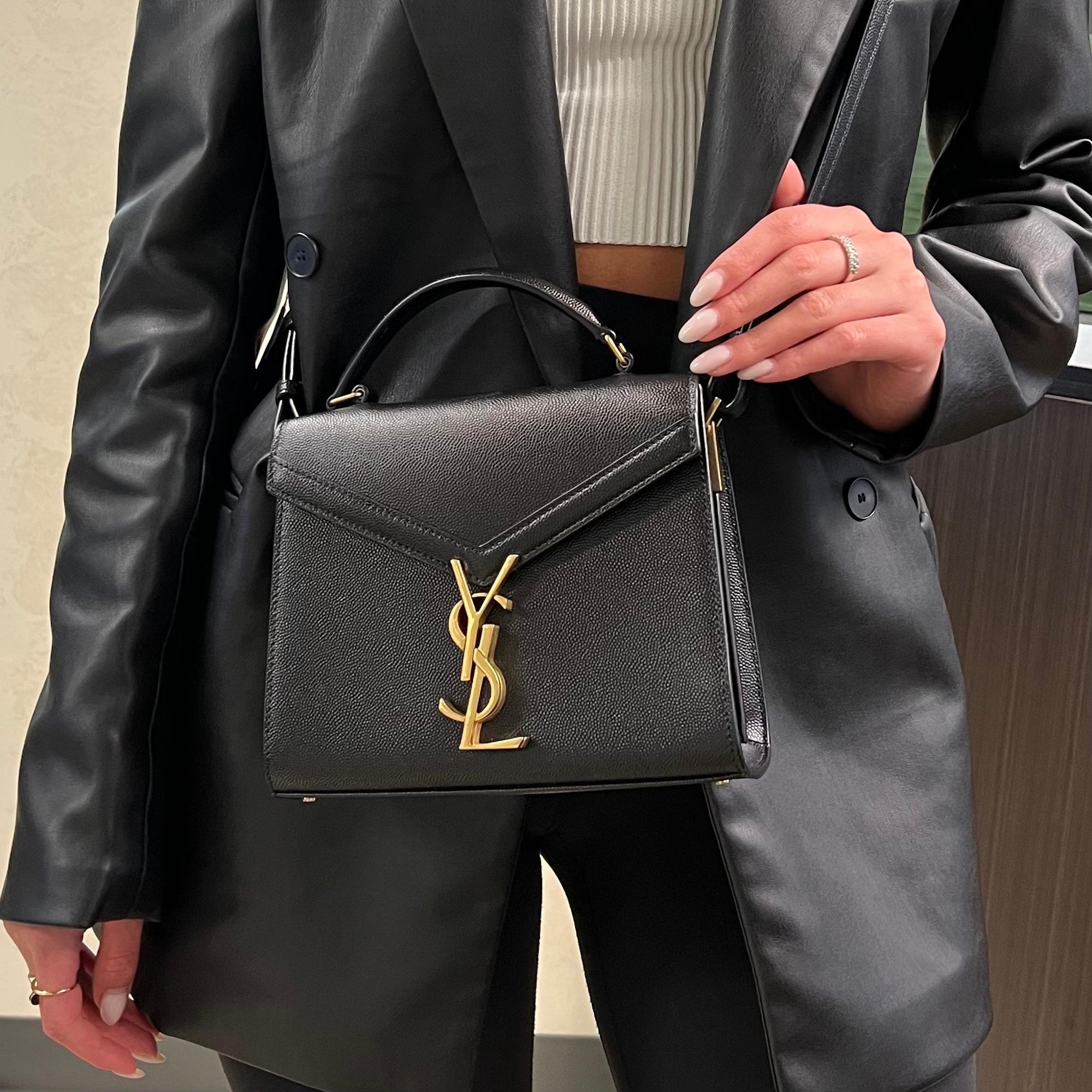 Black Saint Laurent Cassandra Mini Top Handle Bag Grain De Poudre Embossed Leather